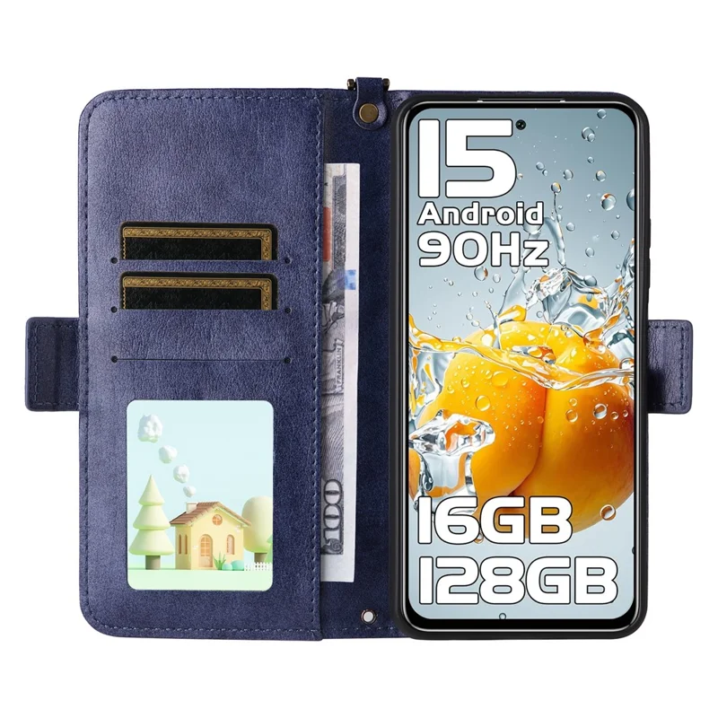 For Oukitel C65 Pro  /  C65 Leather Case Magnetic Closure Wallet Stand Phone Cover with Crossbody Strap - Blue