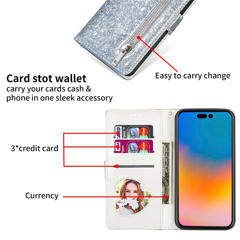 Étui support pour iPhone 17 avec paillettes, housse en cuir avec pochette à fermeture éclair - Argent