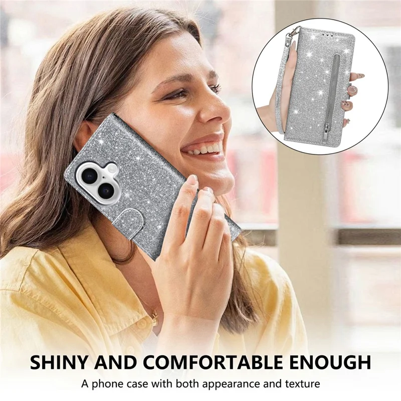 Étui support pour iPhone 17 avec paillettes, housse en cuir avec pochette à fermeture éclair - Argent