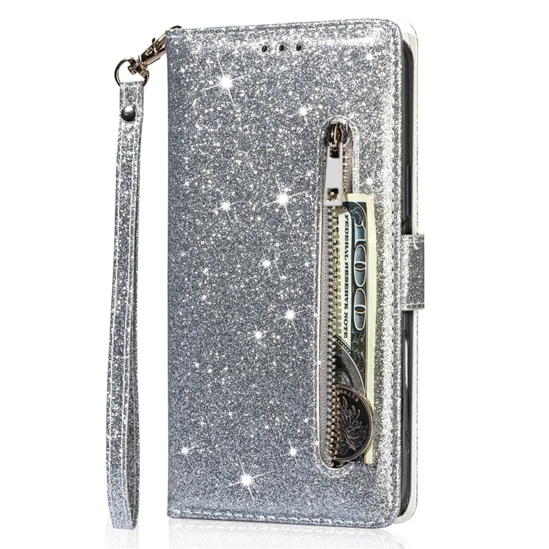 Étui support pour iPhone 17 avec paillettes, housse en cuir avec pochette à fermeture éclair - Argent