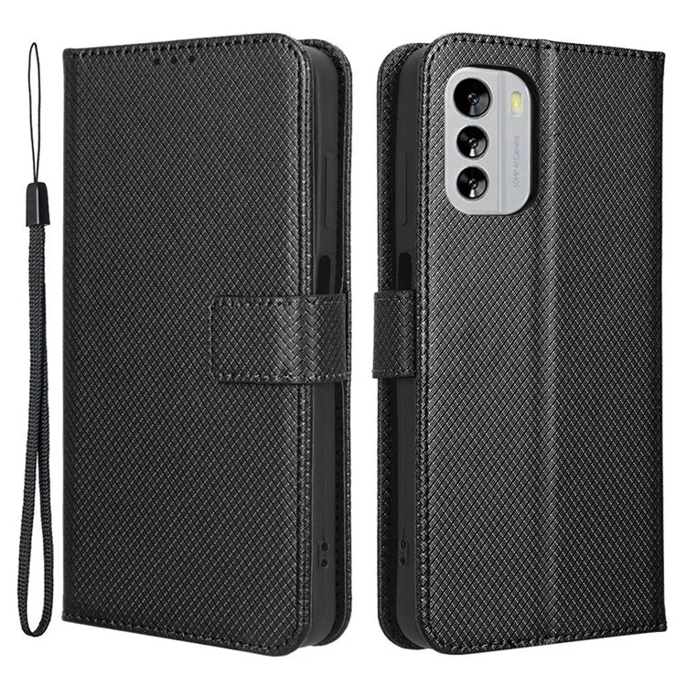 For Nokia G60 5G Diamond Texture PU Leather Stand Case Anti-scratch Folio Flip Phone Wallet Cover - Black