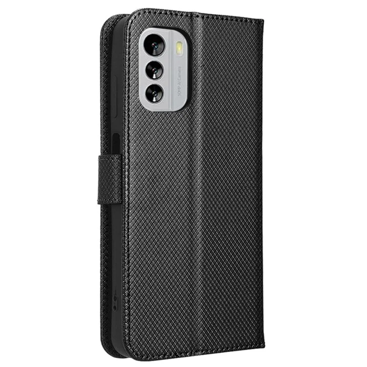 For Nokia G60 5G Diamond Texture PU Leather Stand Case Anti-scratch Folio Flip Phone Wallet Cover - Black