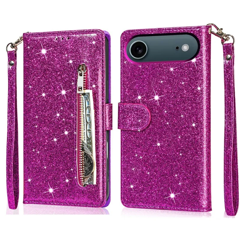Étui à paillettes avec support pour iPhone 17 et pochette à fermeture éclair - Violet