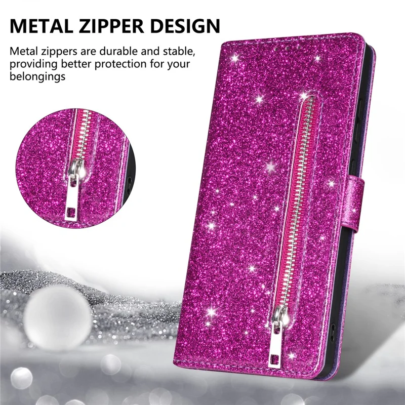 Étui à paillettes avec support pour iPhone 17 et pochette à fermeture éclair - Violet