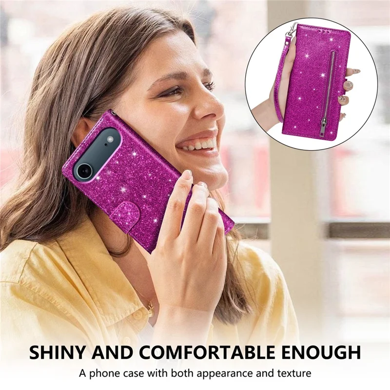 Étui à paillettes avec support pour iPhone 17 et pochette à fermeture éclair - Violet