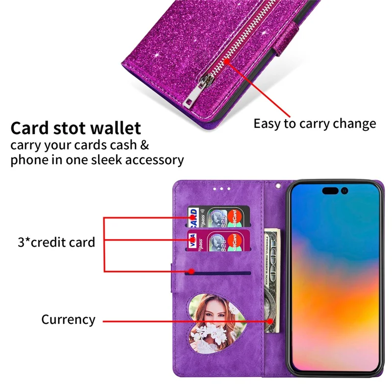 For iPhone 17 Pro Stand Case Glitter Phone Leather Cover Zipper Pocket - Purple