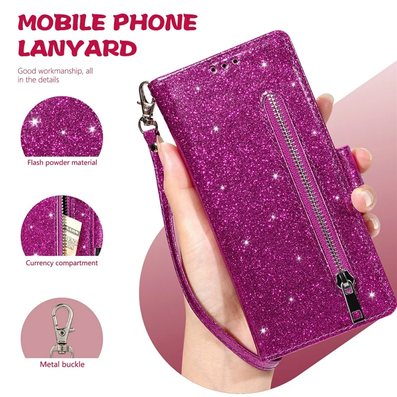 For iPhone 17 Pro Stand Case Glitter Phone Leather Cover Zipper Pocket - Purple