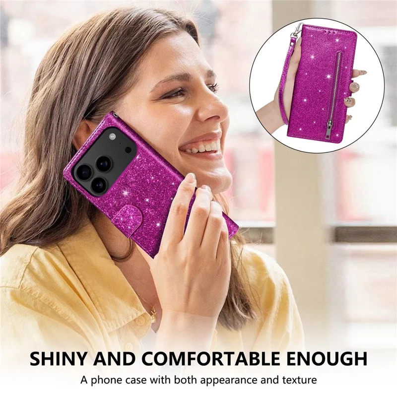 For iPhone 17 Pro Stand Case Glitter Phone Leather Cover Zipper Pocket - Purple