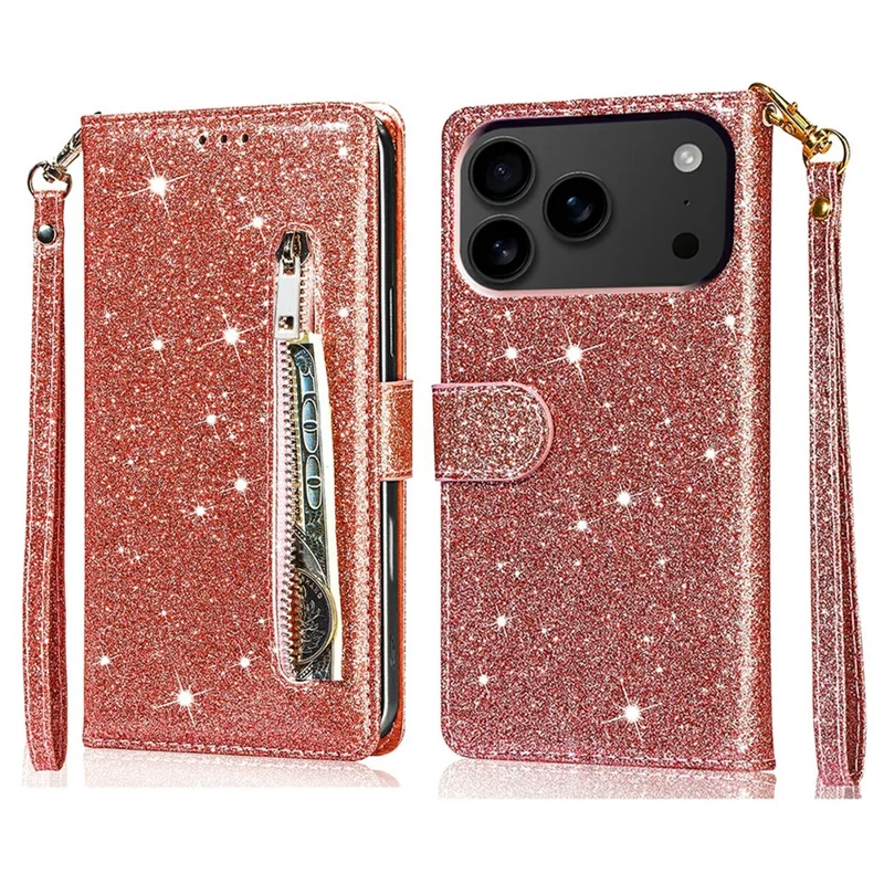 Étui support pour iPhone 17 Pro Max avec housse en cuir pour téléphone à paillettes et pochette à fermeture éclair - Or rose
