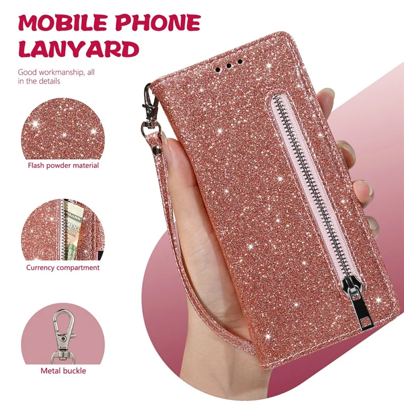 Étui support pour iPhone 17 Pro Max avec housse en cuir pour téléphone à paillettes et pochette à fermeture éclair - Or rose