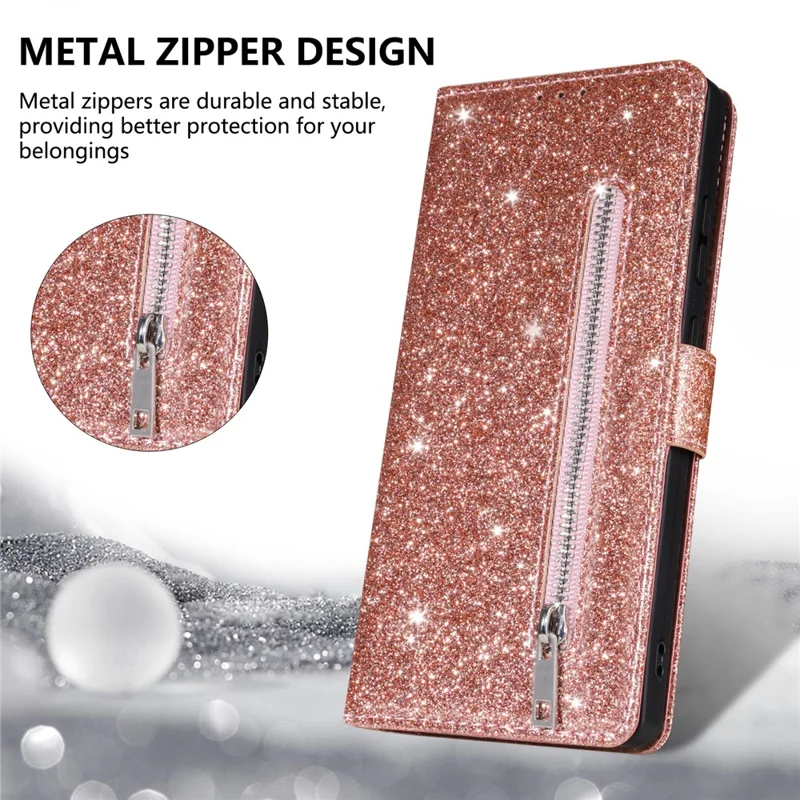 Étui support pour iPhone 17 Pro Max avec housse en cuir pour téléphone à paillettes et pochette à fermeture éclair - Or rose