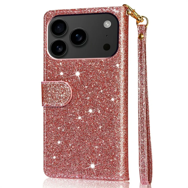 Étui support pour iPhone 17 Pro Max avec housse en cuir pour téléphone à paillettes et pochette à fermeture éclair - Or rose