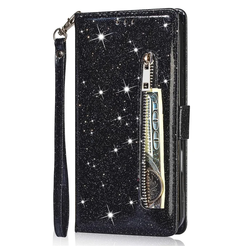 For iPhone 17 Pro Max Stand Case Glitter Phone Leather Cover Zipper Pocket - Black