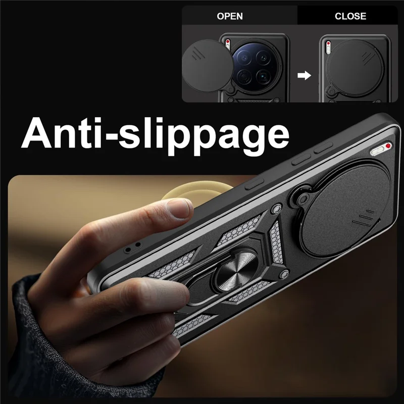 For TECNO Camon 40 Premier 5G Case with Slide Camera Lid PC + TPU Kickstand Phone Cover - Black