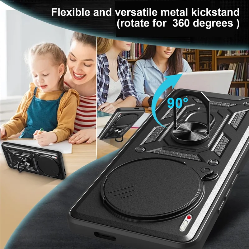 For TECNO Camon 40 Premier 5G Case with Slide Camera Lid PC + TPU Kickstand Phone Cover - Black