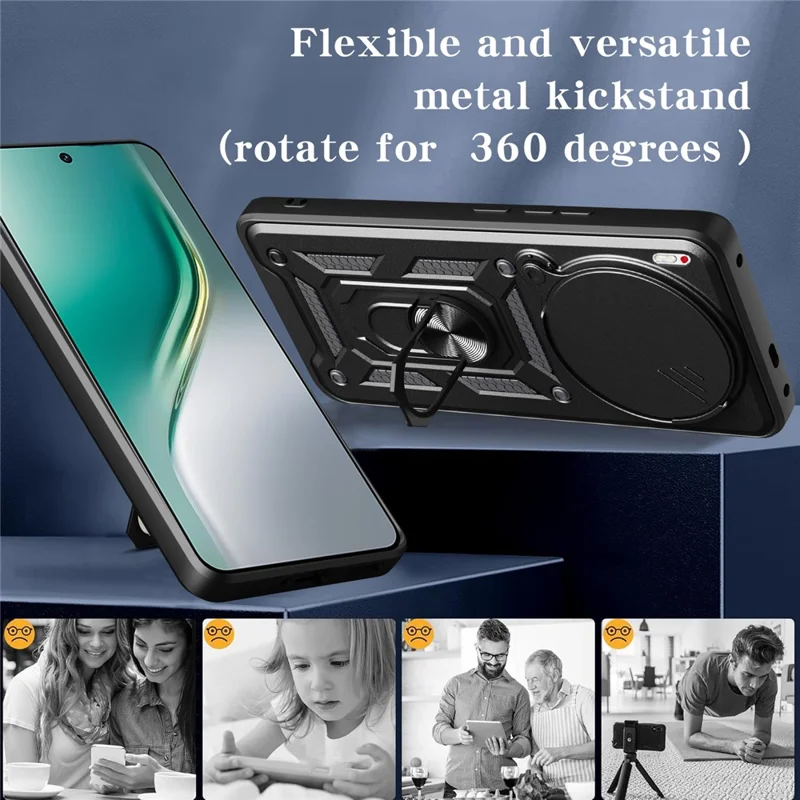 For TECNO Camon 40 Premier 5G Case with Slide Camera Lid PC + TPU Kickstand Phone Cover - Black