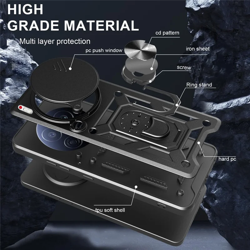 For TECNO Camon 40 Premier 5G Case with Slide Camera Lid PC + TPU Kickstand Phone Cover - Black