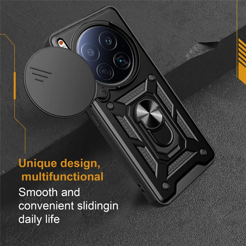 For TECNO Camon 40 Premier 5G Case with Slide Camera Lid PC + TPU Kickstand Phone Cover - Black