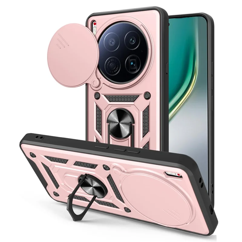 For TECNO Camon 40 Premier 5G Case with Slide Camera Lid PC + TPU Kickstand Phone Cover - Rose Gold