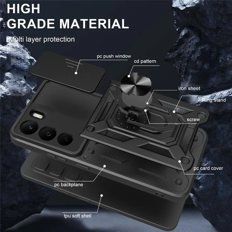 Für Realme C71 4G Hülle mit Schiebe-Kameradeckel PC + TPU Ständer Handyhülle - Schwarz
