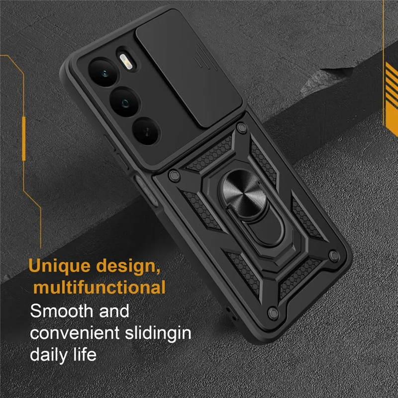 Für Realme C71 4G Hülle mit Schiebe-Kameradeckel PC + TPU Ständer Handyhülle - Schwarz