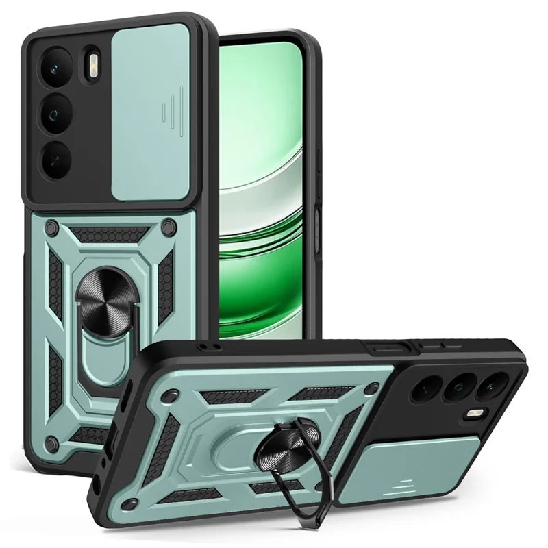 For Realme C71 4G Case with Slide Camera Lid PC + TPU Kickstand Phone Cover - Green