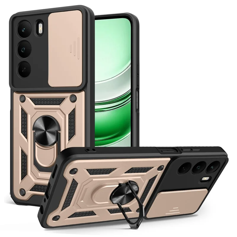For Realme C71 4G Case with Slide Camera Lid PC + TPU Kickstand Phone Cover - Gold