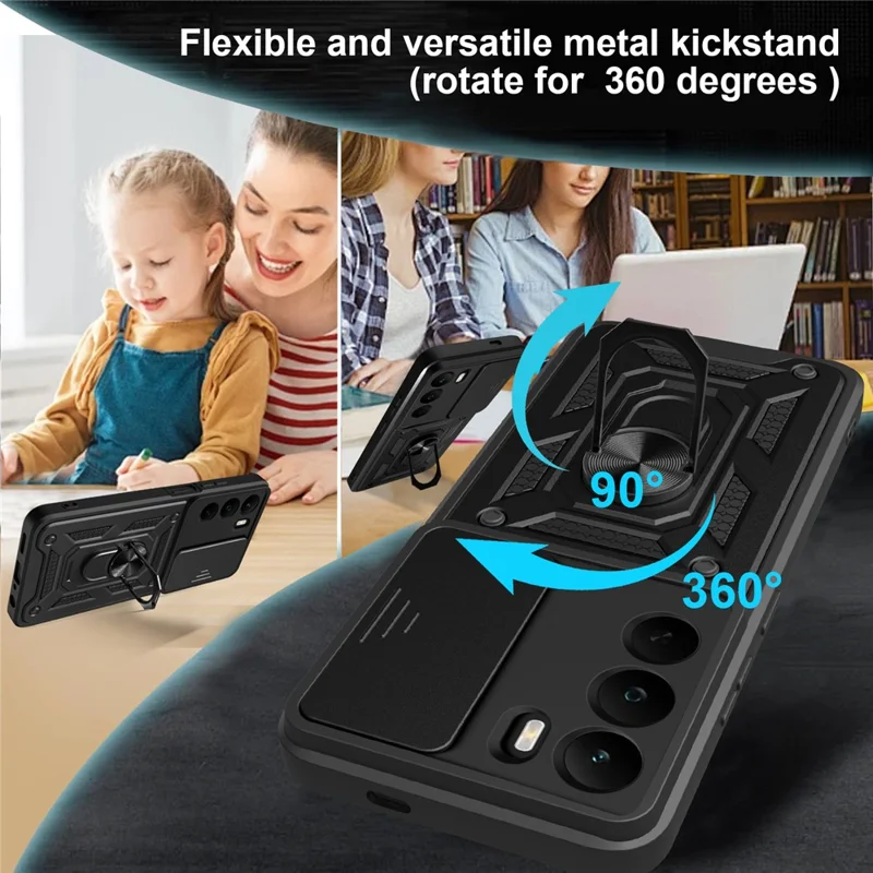 For Realme C71 4G Case with Slide Camera Lid PC + TPU Kickstand Phone Cover - Gold