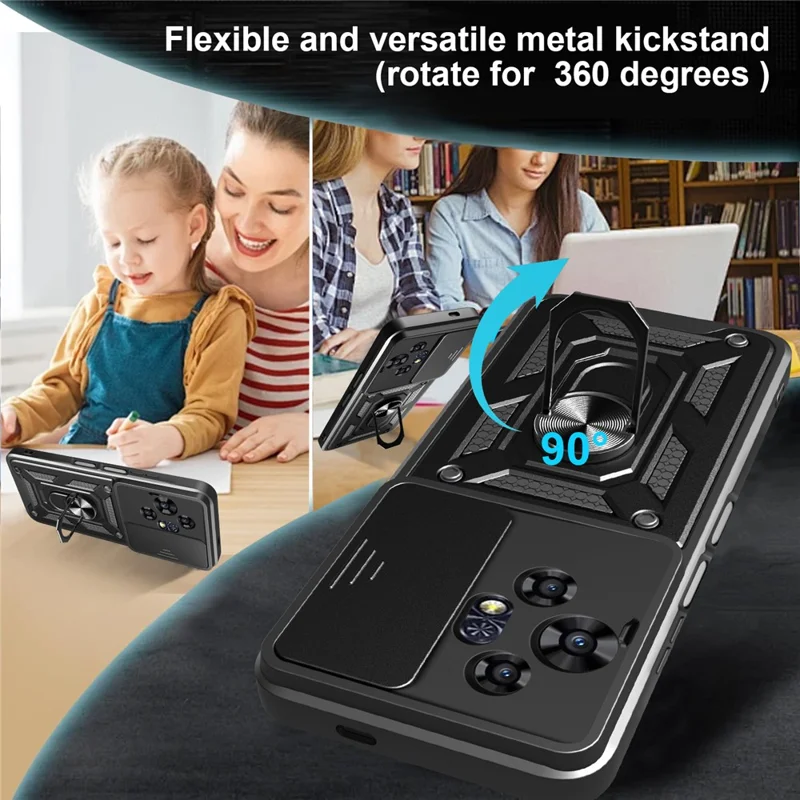 For TCL 50 Pro NxtPaper 5G Case with Slide Camera Lid PC + TPU Kickstand Phone Cover - Black