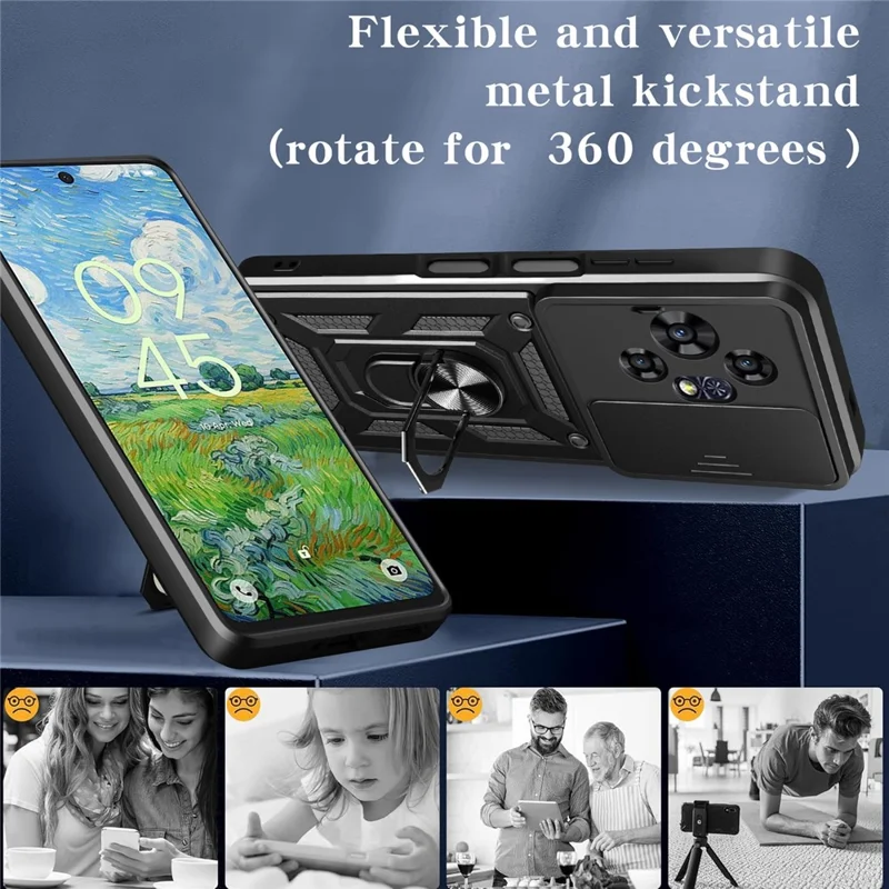 For TCL 50 Pro NxtPaper 5G Case with Slide Camera Lid PC + TPU Kickstand Phone Cover - Black