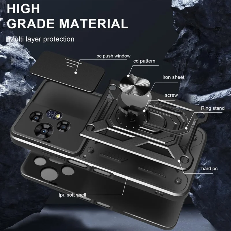 For TCL 50 Pro NxtPaper 5G Case with Slide Camera Lid PC + TPU Kickstand Phone Cover - Black