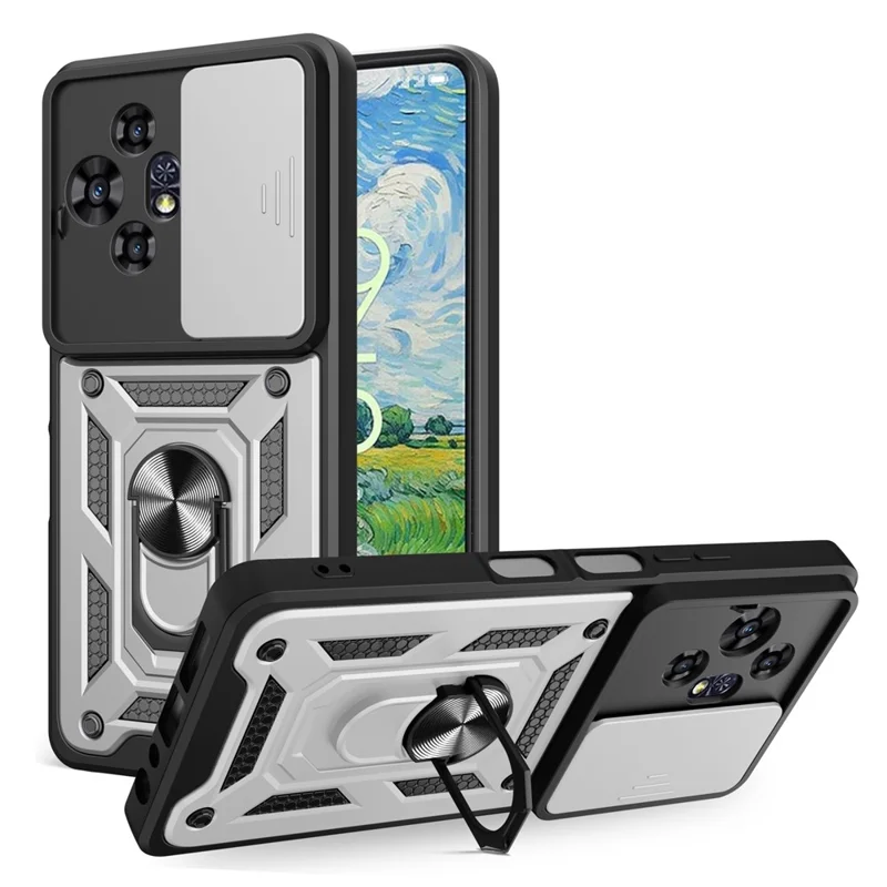 For TCL 50 Pro NxtPaper 5G Case with Slide Camera Lid PC + TPU Kickstand Phone Cover - Silver