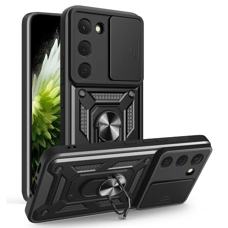 For TECNO Spark 40 Pro 4G Case with Slide Camera Lid PC + TPU Kickstand Phone Cover - Black