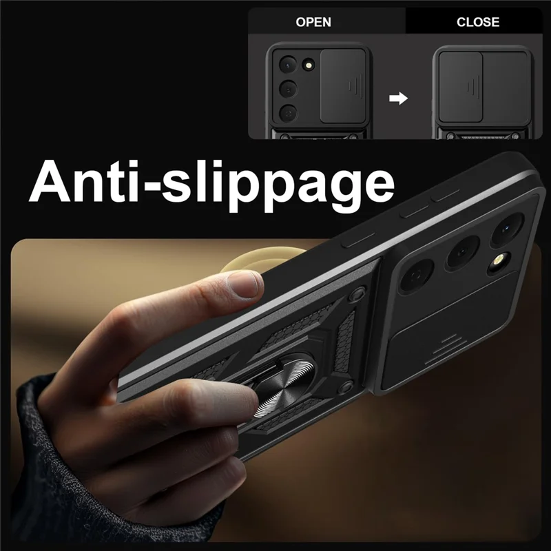 For TECNO Spark 40 Pro 4G Case with Slide Camera Lid PC + TPU Kickstand Phone Cover - Black