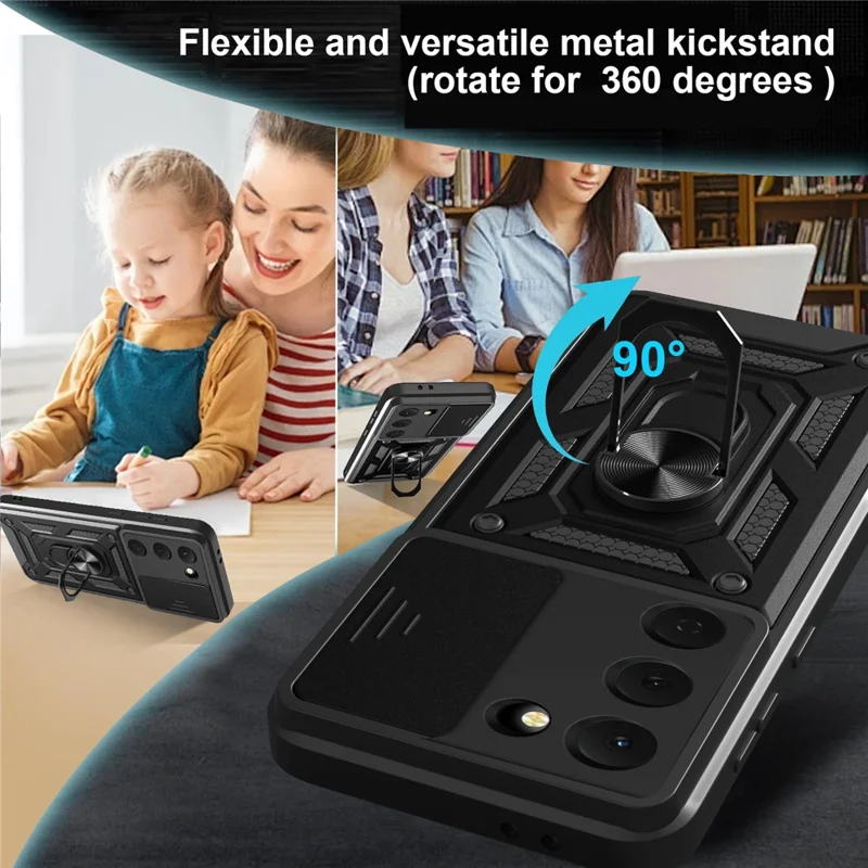 For TECNO Spark 40 Pro 4G Case with Slide Camera Lid PC + TPU Kickstand Phone Cover - Black