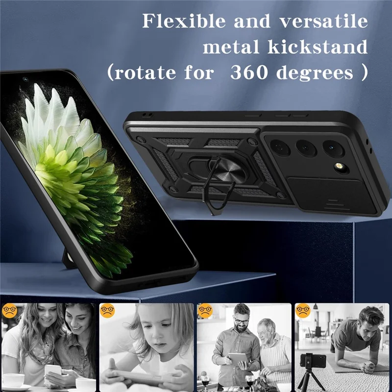For TECNO Spark 40 Pro 4G Case with Slide Camera Lid PC + TPU Kickstand Phone Cover - Black