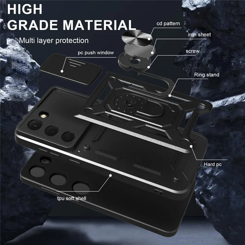 For TECNO Spark 40 Pro 4G Case with Slide Camera Lid PC + TPU Kickstand Phone Cover - Black