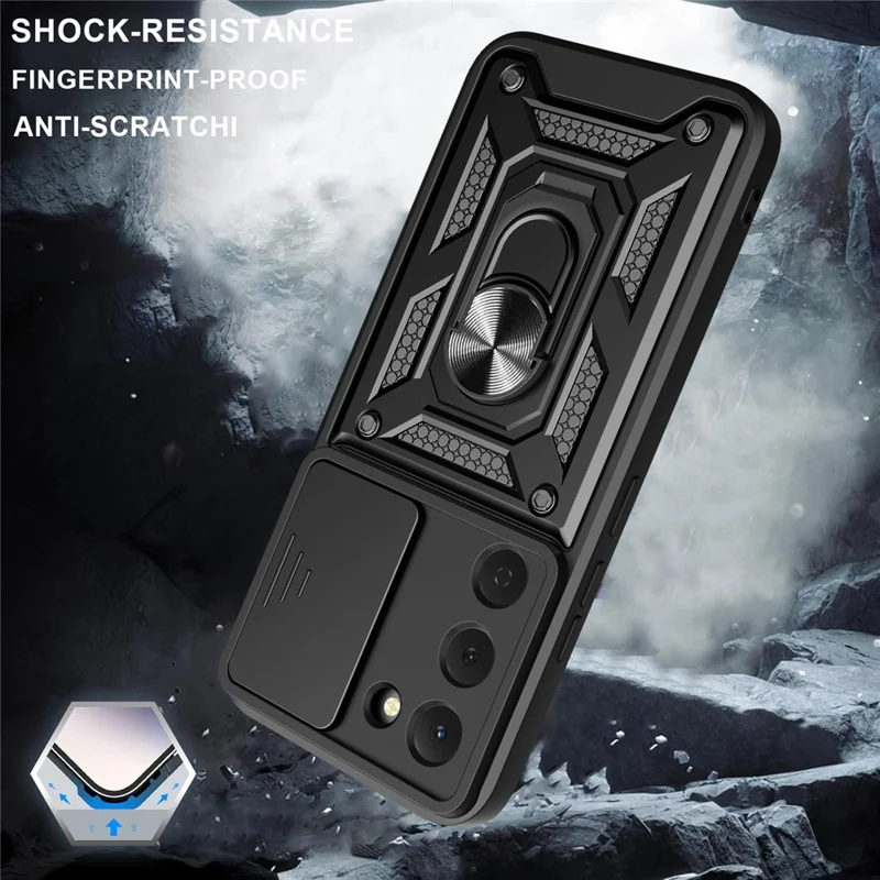 For TECNO Spark 40 Pro 4G Case with Slide Camera Lid PC + TPU Kickstand Phone Cover - Black
