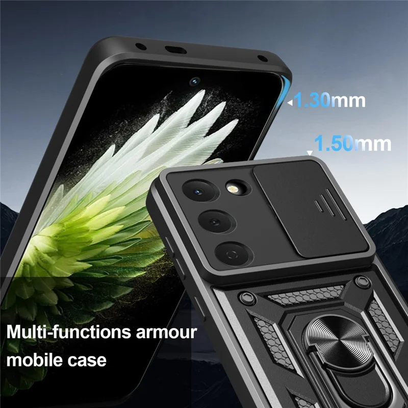 For TECNO Spark 40 Pro 4G Case with Slide Camera Lid PC + TPU Kickstand Phone Cover - Black