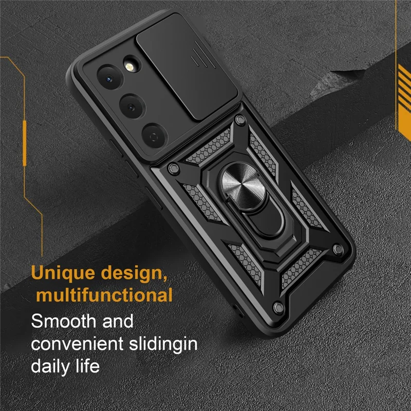 For TECNO Spark 40 Pro 4G Case with Slide Camera Lid PC + TPU Kickstand Phone Cover - Black
