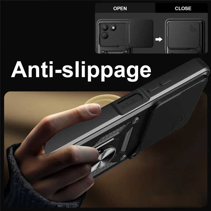 For TECNO Pova 7 4G Case with Slide Camera Lid PC + TPU Kickstand Phone Cover - Black