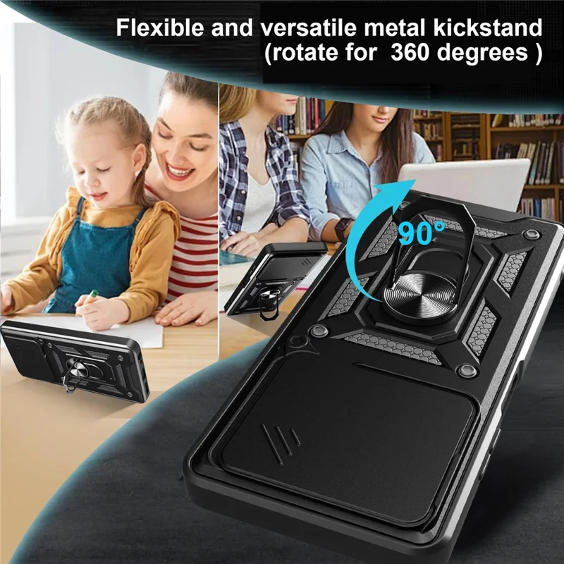 For TECNO Pova 7 4G Case with Slide Camera Lid PC + TPU Kickstand Phone Cover - Black