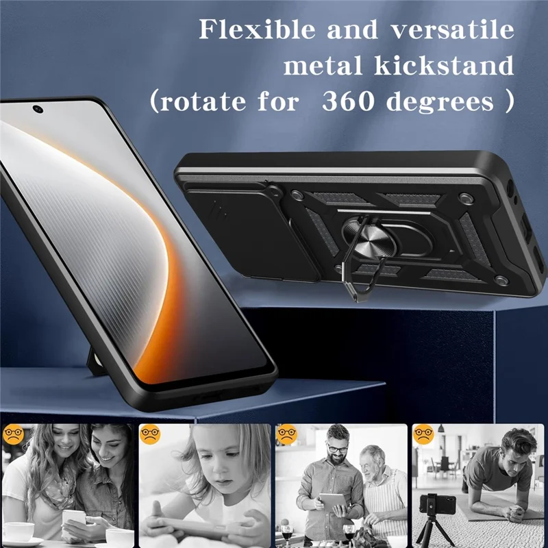 For TECNO Pova 7 4G Case with Slide Camera Lid PC + TPU Kickstand Phone Cover - Black