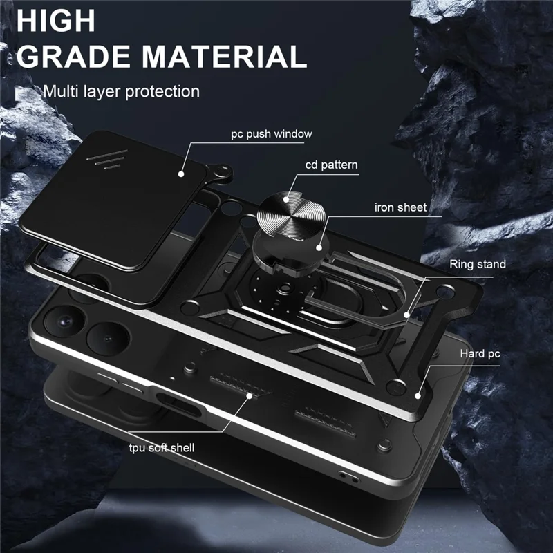 For TECNO Pova 7 4G Case with Slide Camera Lid PC + TPU Kickstand Phone Cover - Black