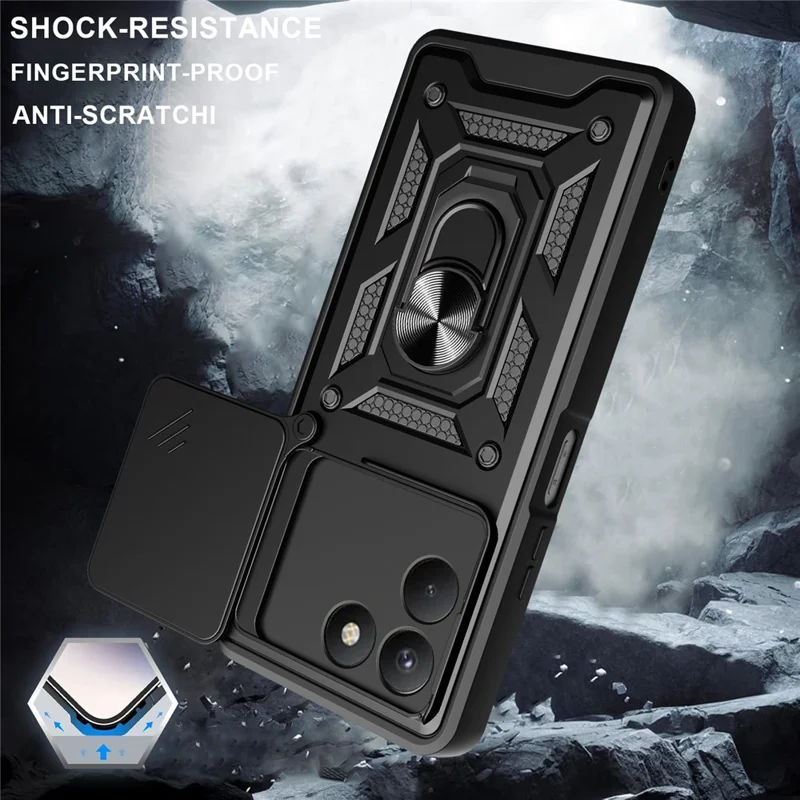For TECNO Pova 7 4G Case with Slide Camera Lid PC + TPU Kickstand Phone Cover - Black