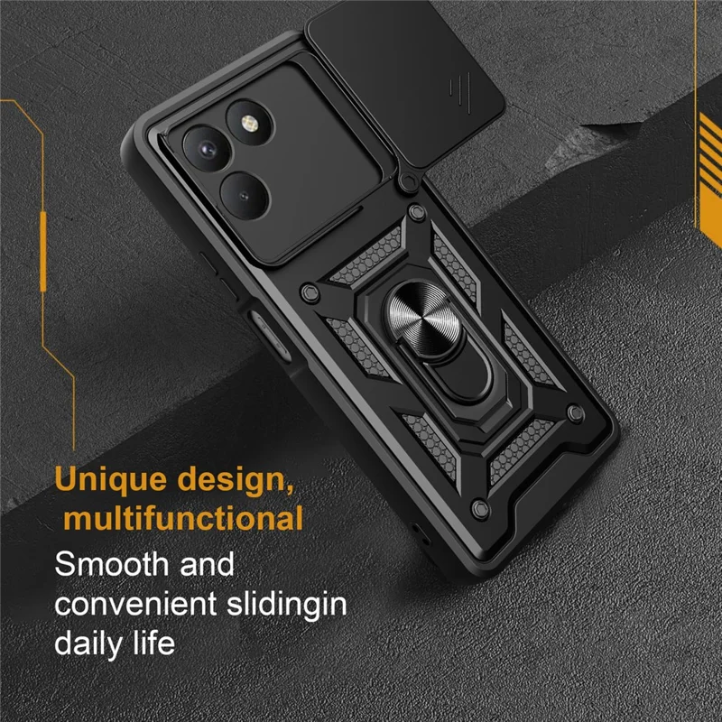 For TECNO Pova 7 4G Case with Slide Camera Lid PC + TPU Kickstand Phone Cover - Black