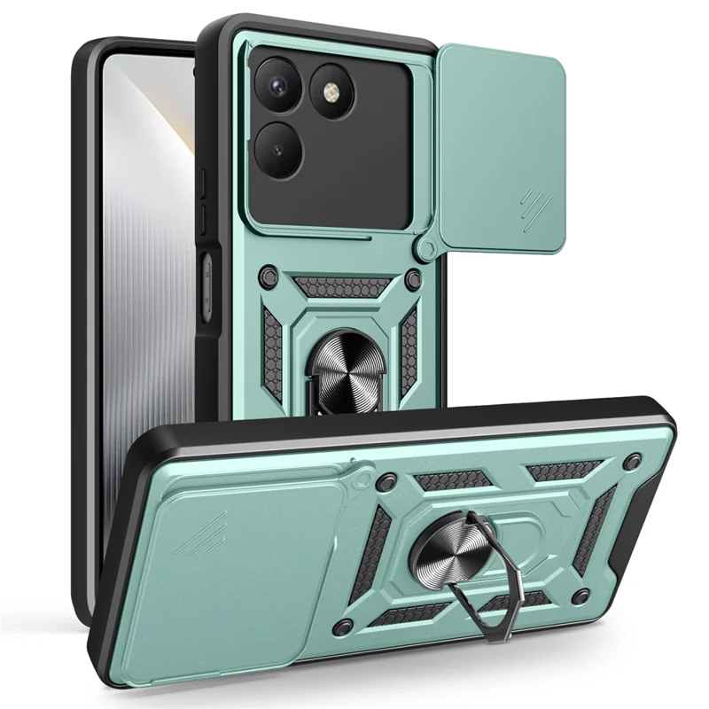 For TECNO Pova 7 4G Case with Slide Camera Lid PC + TPU Kickstand Phone Cover - Green