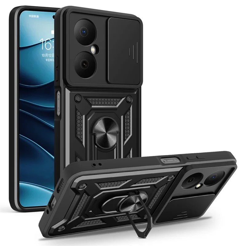 For Huawei Nova Y73 4G Case with Slide Camera Lid PC + TPU Kickstand Phone Cover - Black