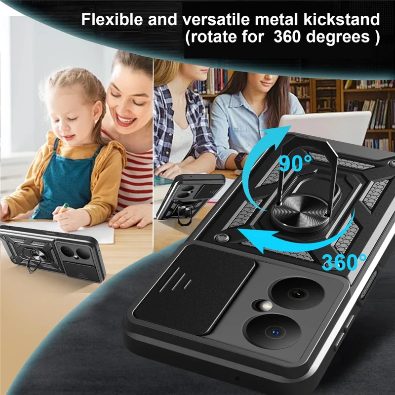 For Huawei Nova Y73 4G Case with Slide Camera Lid PC + TPU Kickstand Phone Cover - Black