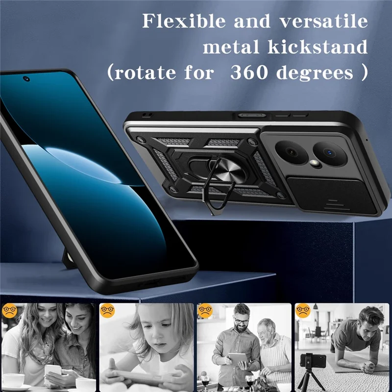 For Huawei Nova Y73 4G Case with Slide Camera Lid PC + TPU Kickstand Phone Cover - Black